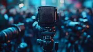Close-up of a professional microphone in the foreground, with other camera equipment